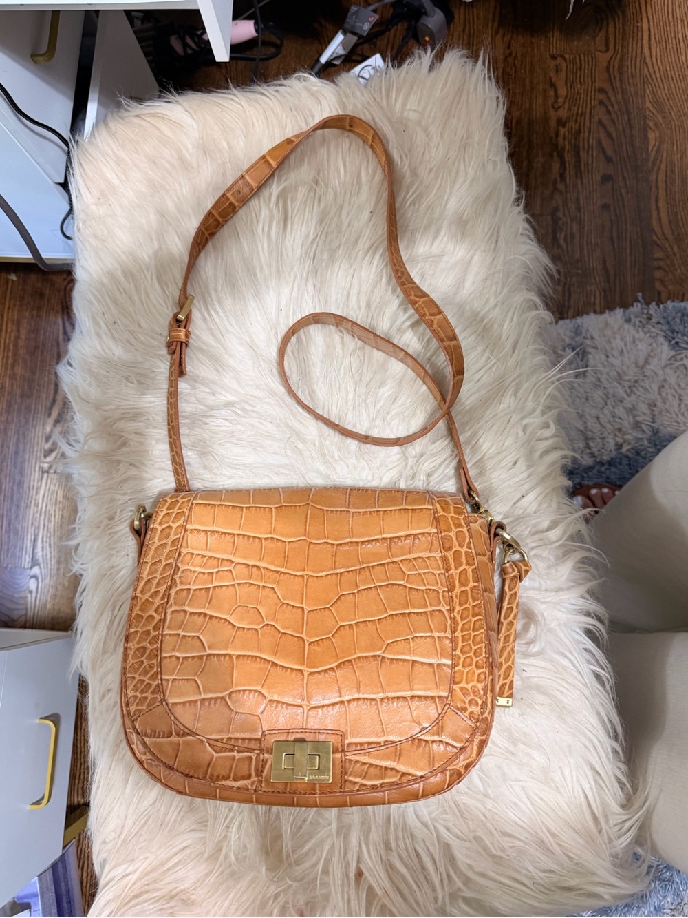 Brahmin Croc-Embossed Tan Crossbody Bag with Gold Hardware